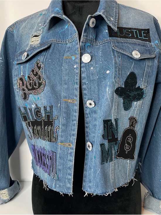 Jackets & Blazers - Denim Embellished Cropped Jacket - Blue